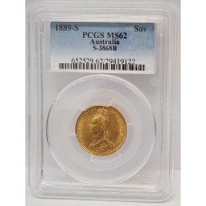 AUSTRALIA 1889 . ONE 1 SOVEREIGN . MELBOURNE . GOLD . SLABBED